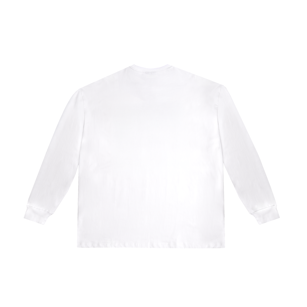 A plain white long-sleeve t-shirt shown from the back, laid flat against a solid white background.