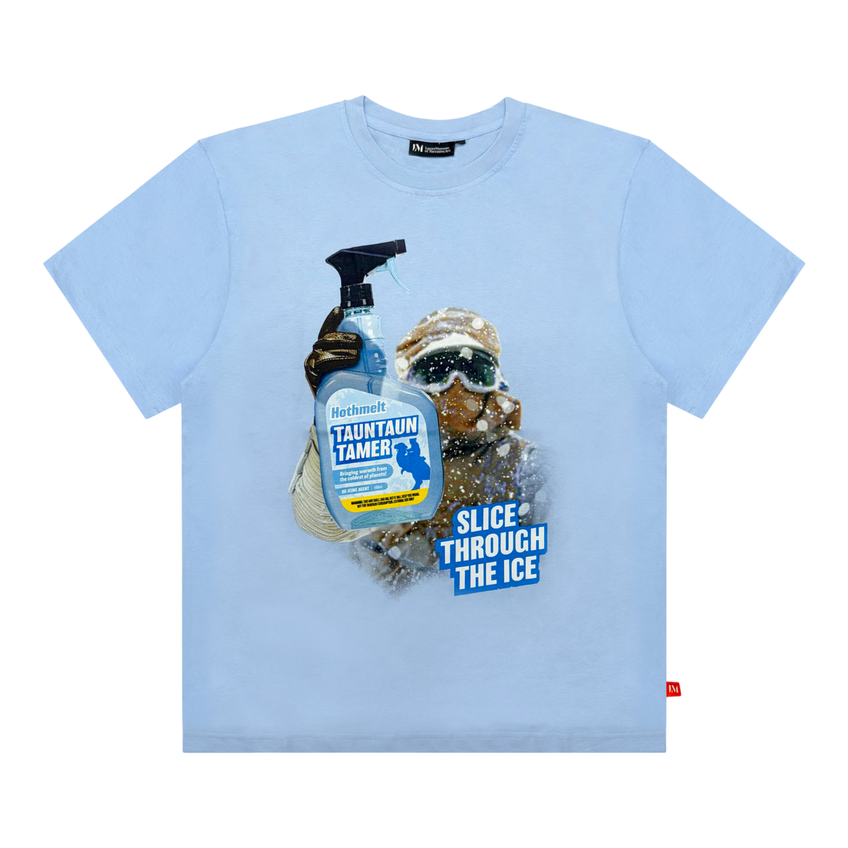 Light blue short-sleeve T-shirt featuring a graphic of a winter-clad figure holding a spray bottle labeled “Tauntaun Tamer,” with the text “Slice Through the Ice” printed on the front, shown on a plain background.