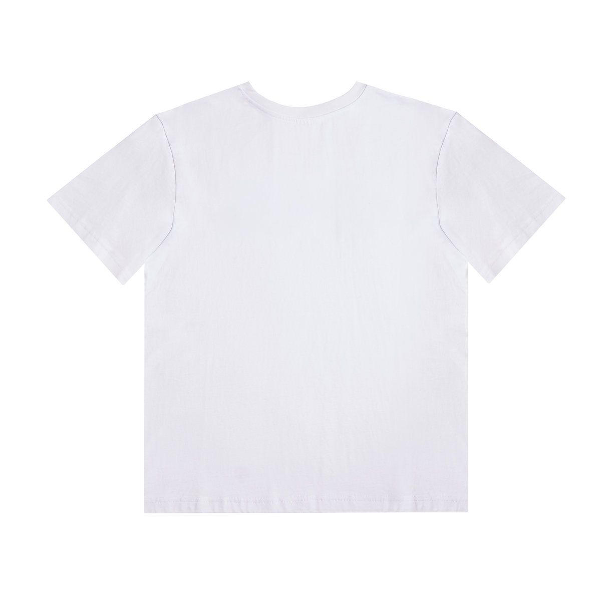 A plain white short-sleeve crewneck t-shirt shown from the back, laid flat against a solid white background.