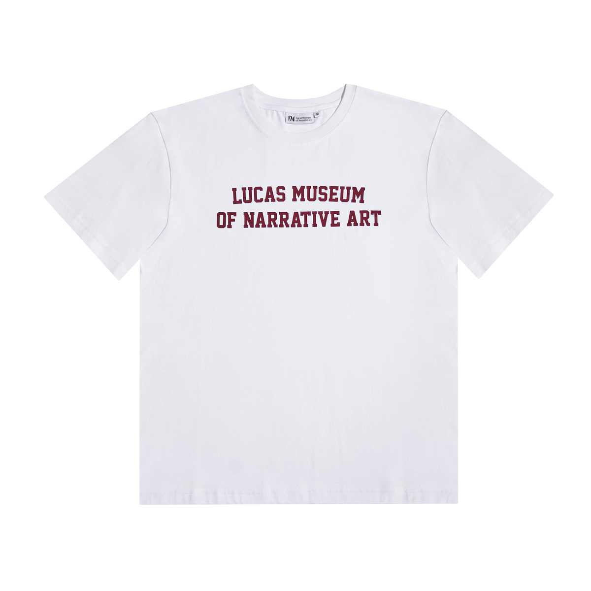 A white short-sleeve crewneck t-shirt featuring the text 'LUCAS MUSEUM OF NARRATIVE ART' printed in maroon across the chest, displayed flat against a solid white background.