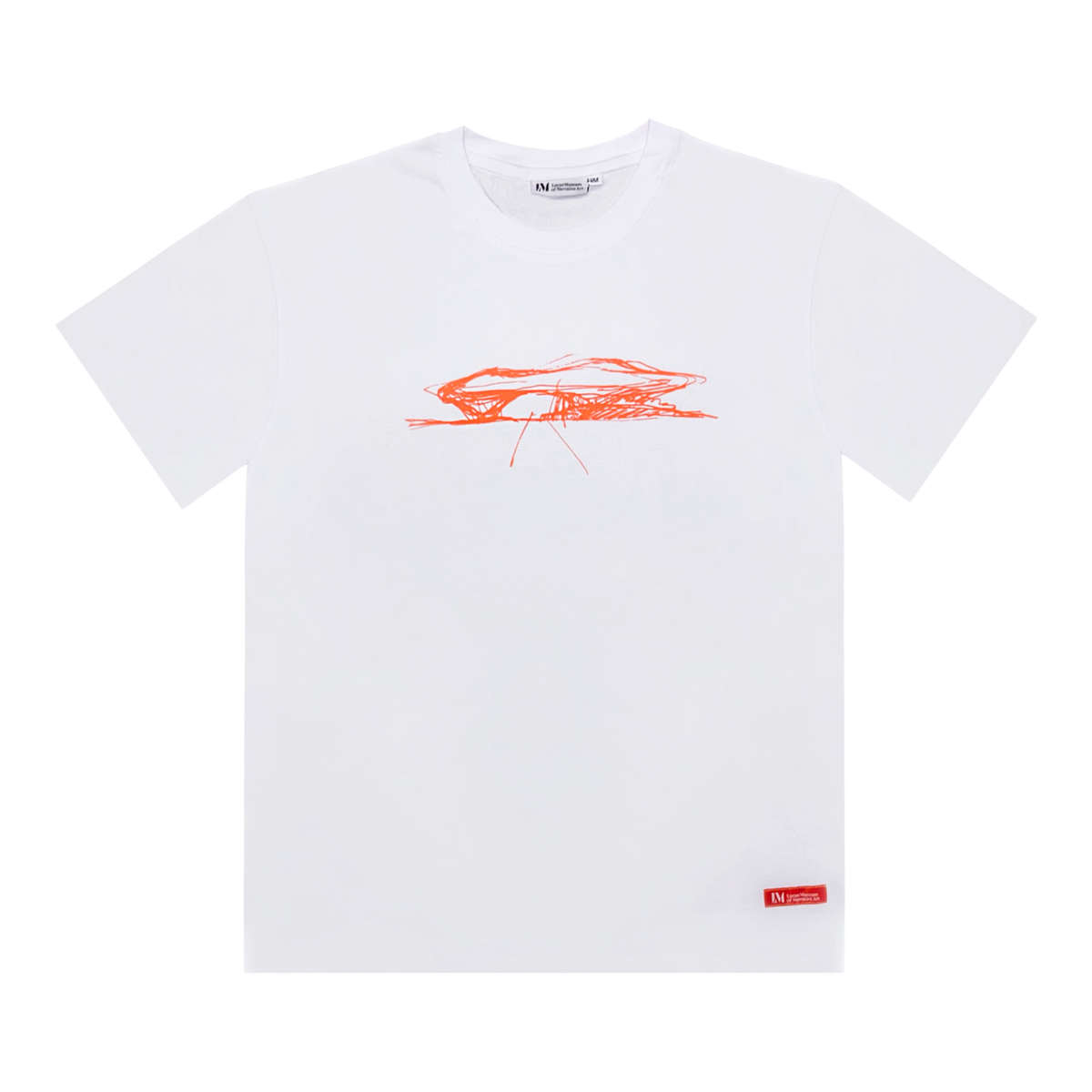 White short-sleeve T-shirt featuring an orange architectural sketch by MAD Architects, designers of the Lucas Museum of Narrative Art, shown flat on a white background.