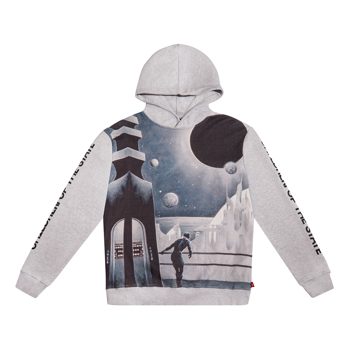 A light gray heather pullover hoodie featuring a large graphic print on the front and sleeves. The print depicts a sci-fi scene with a figure walking toward a futuristic tower under a dark moon and planets.