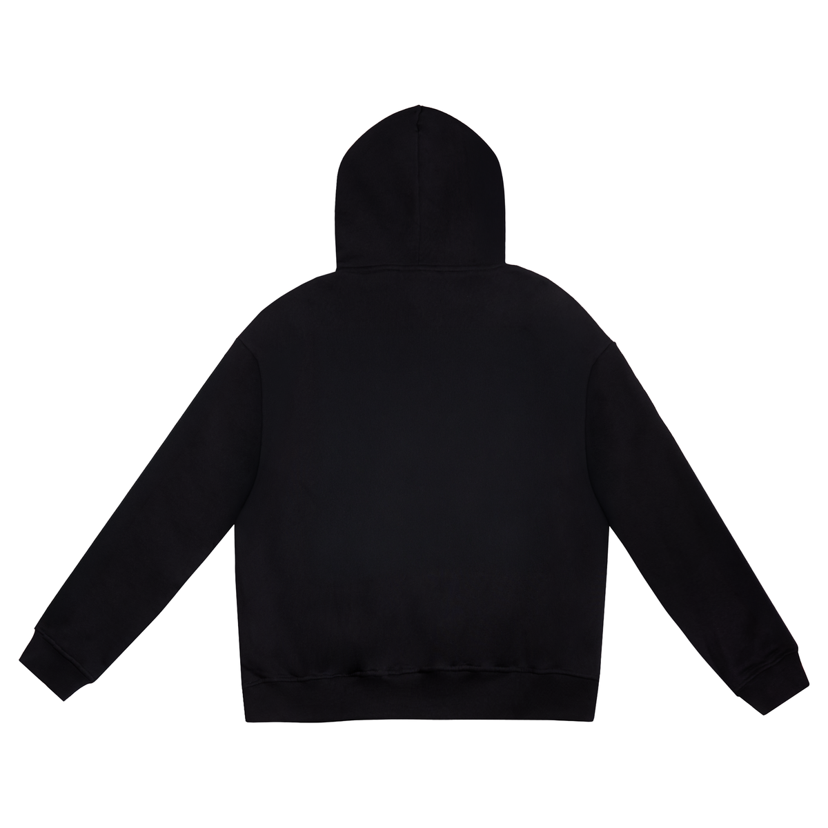 A black hooded sweatshirt shown from the back, laid flat against a solid white background.