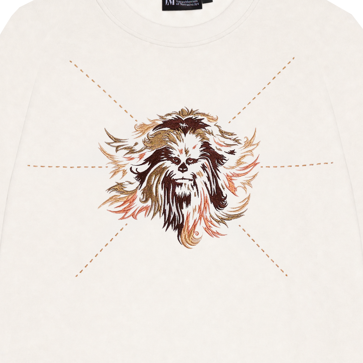 An off-white crewneck sweatshirt featuring a central graphic of Chewbacca with orange and brown hair, framed by a tan dashed starburst pattern.