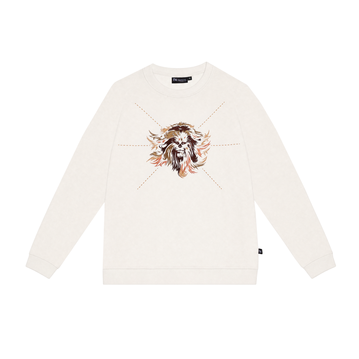 An off-white long-sleeve crewneck sweatshirt featuring a central graphic of Chewbacca's head.