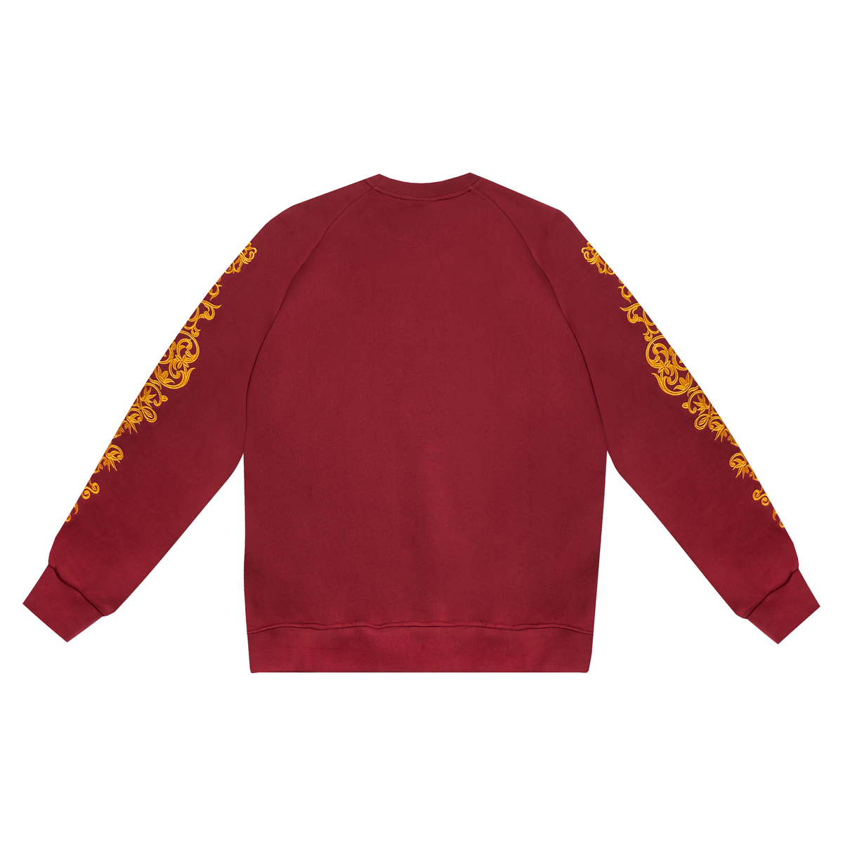 A maroon crewneck sweatshirt shown from the back, featuring ornate gold baroque-style embroidery running down both sleeves, set against a plain white background.