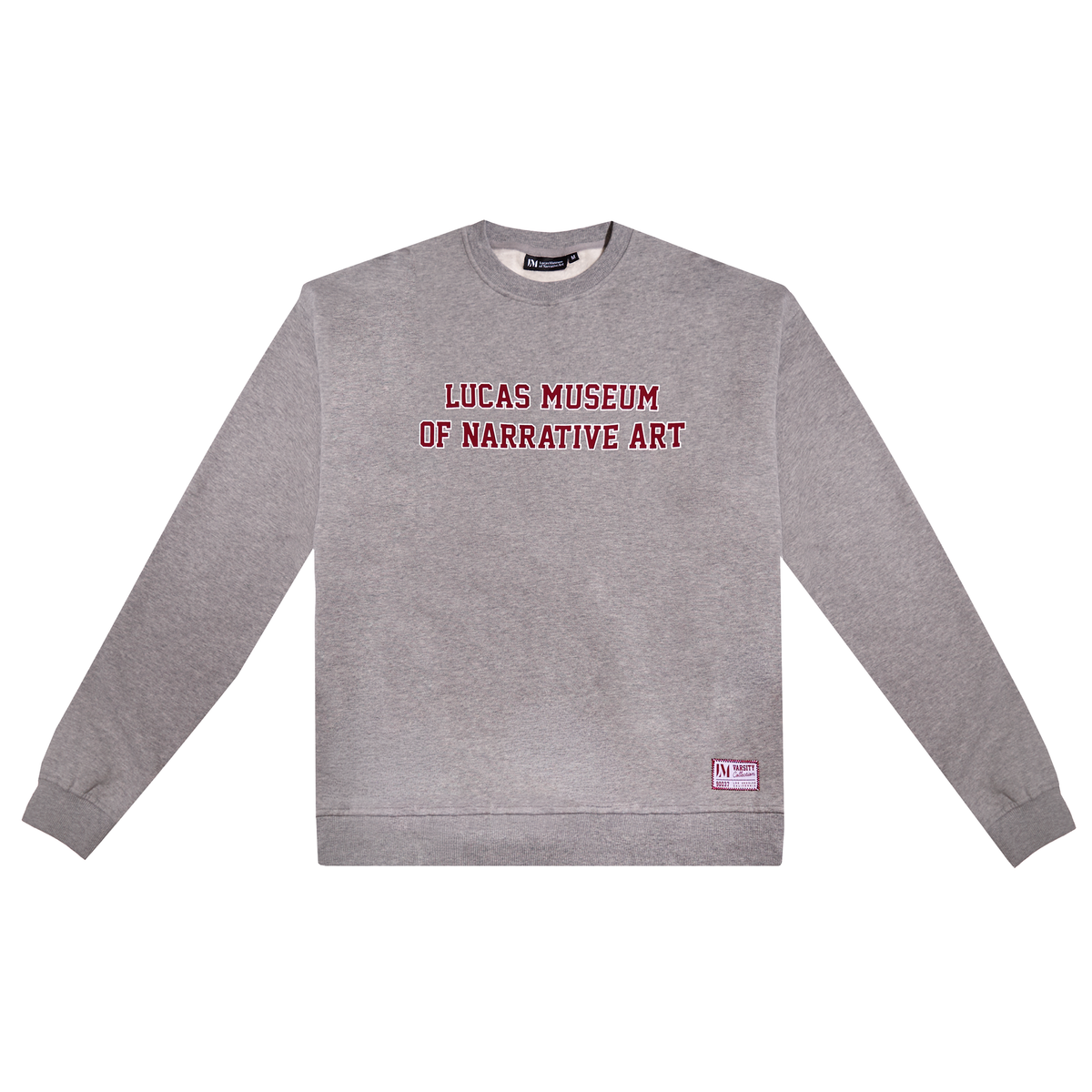 A heather gray crewneck sweatshirt with 'LUCAS MUSEUM OF NARRATIVE ART' printed in red across the chest, displayed flat against a white background.