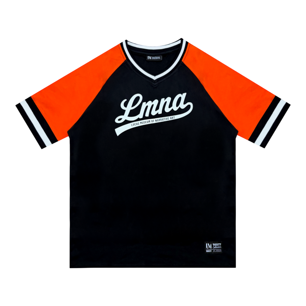 A black and orange raglan t-shirt with a white 'LMNA' graphic on the chest.