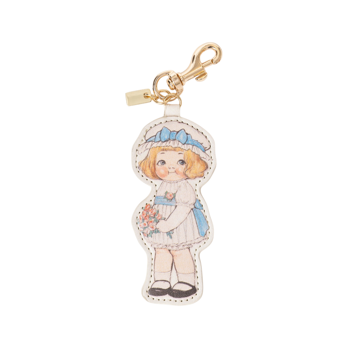 PU leather double-sided bag charm featuring Diana from Grace Drayton’s 1932 Diana & Reggie paper doll illustration, with a metal swivel snap hook and branded metal logo tag.