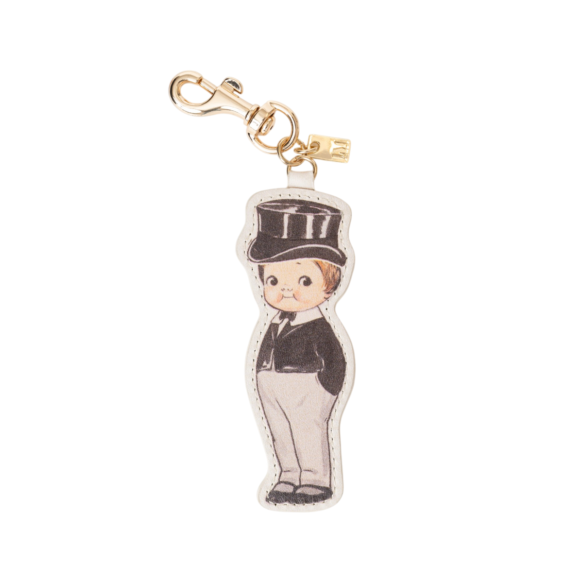 PU leather double-sided bag charm featuring Reggie from Grace Drayton’s 1932 Diana & Reggie paper doll illustration, with a metal swivel snap hook and branded metal logo tag.