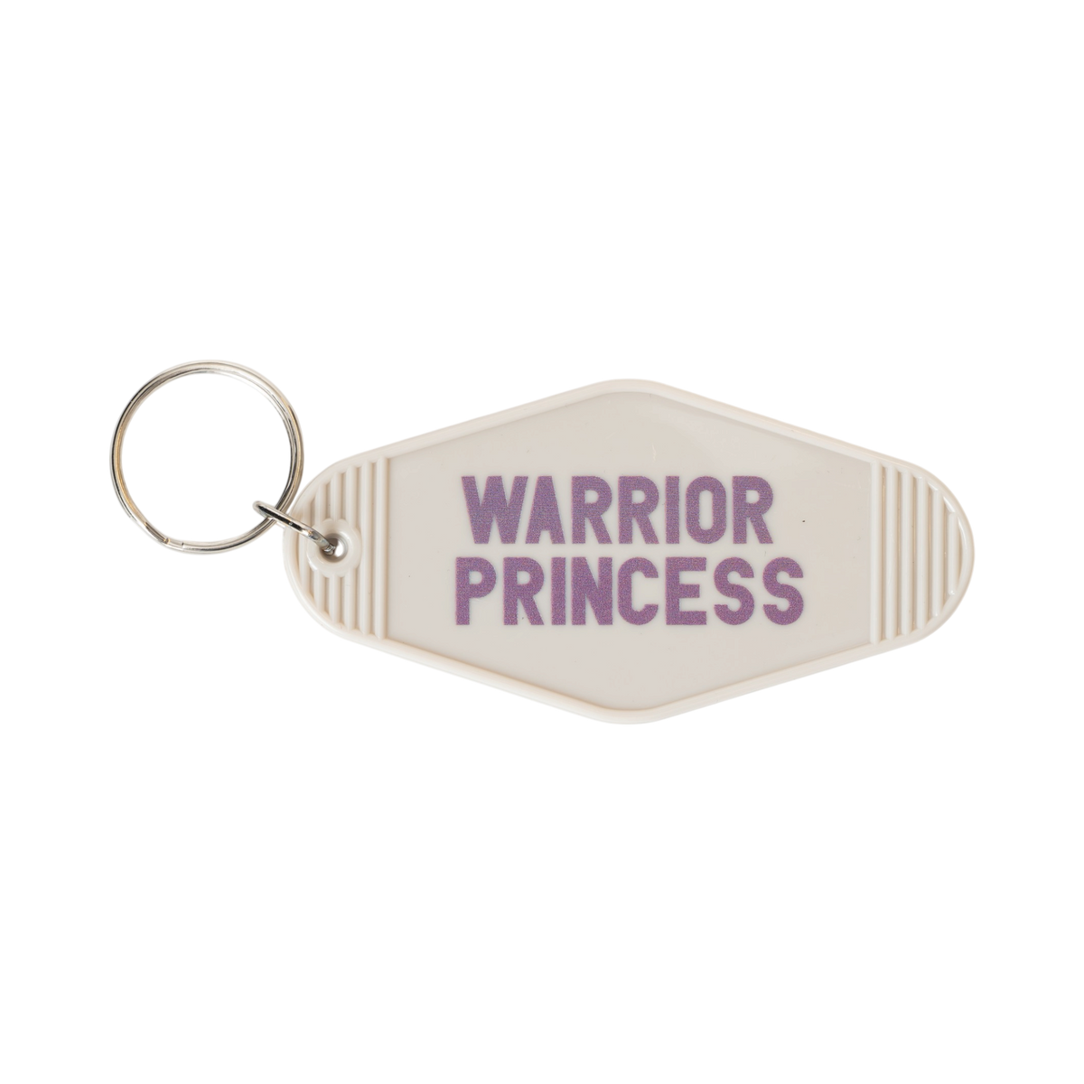3.5" x 1.8" retro motel key tag in gray, featuring purple “Warrior Princess” text on the front and a silver-tone split ring.