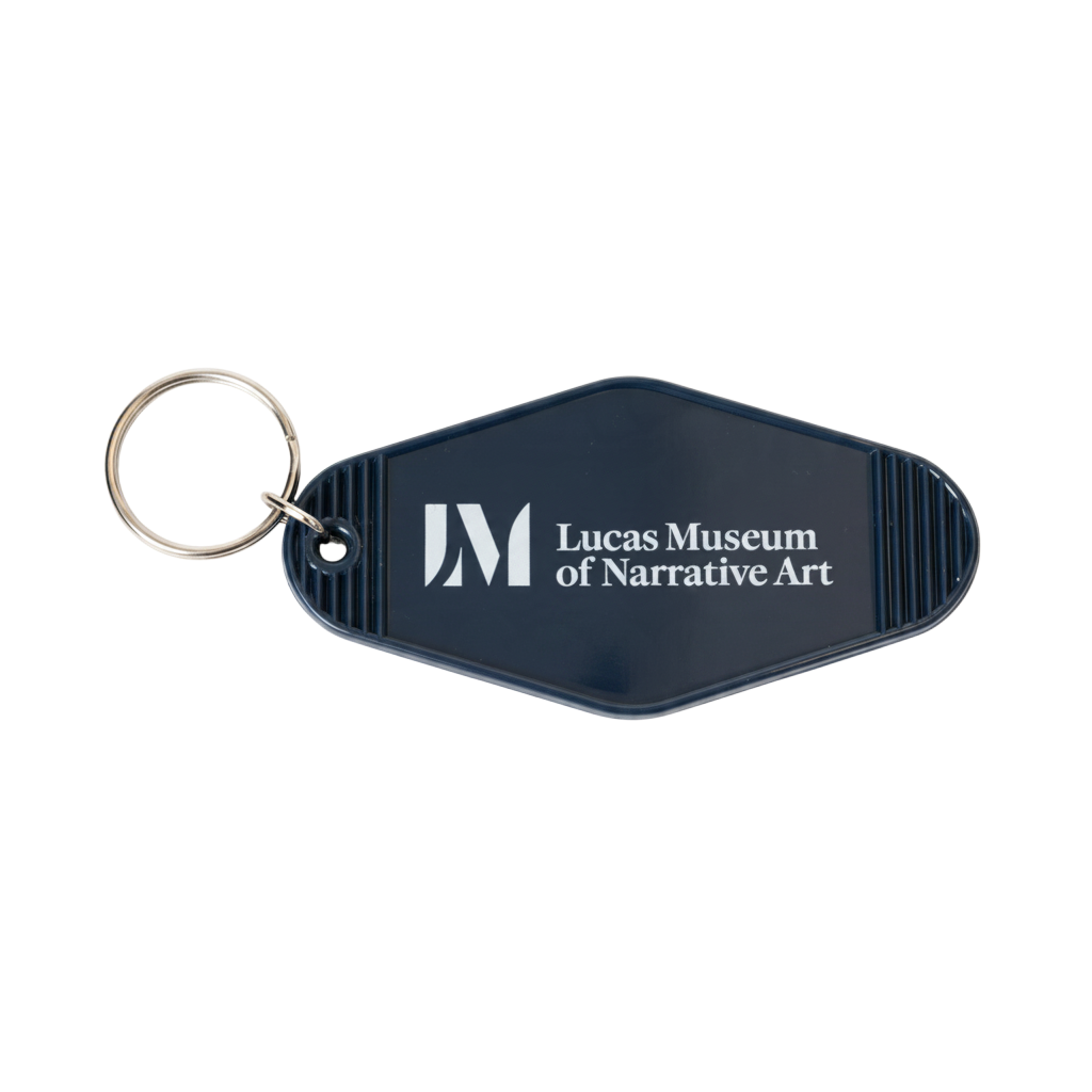 3.5" x 1.8" retro dark blue motel key tag, featuring orange “Unreliable Narrator” text on the front and the Lucas Museum of Narrative Art name and logo on the back. Includes a silver-tone split ring and is shown on a plain white background.