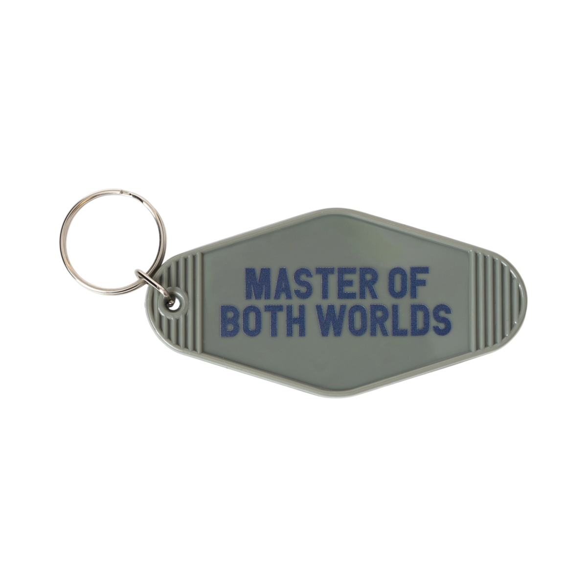 3.5 in x 1.8 in retro motel key tag in khaki and navy with text that reads, "Master of Both Worlds," on the front.