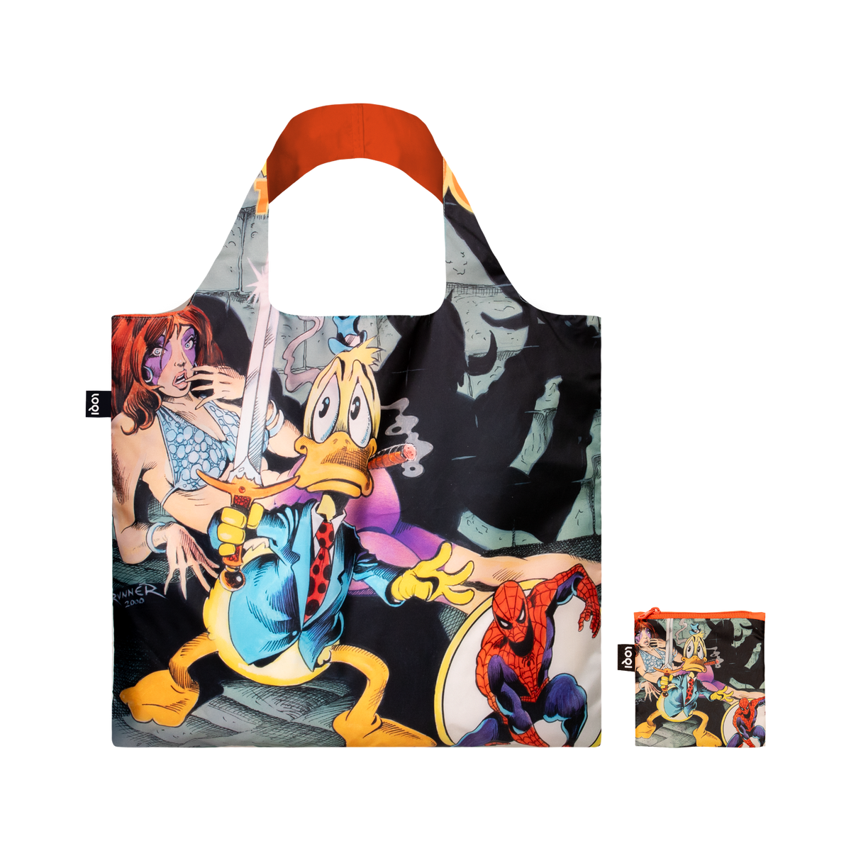 Recycled LOQI tote bag featuring Frank Brunner, Recreated cover for Howard the Duck. Made from water-resistant 100% recycled taffeta. Measures 50 × 42 cm with a zip pocket and carries up to 20 kg.