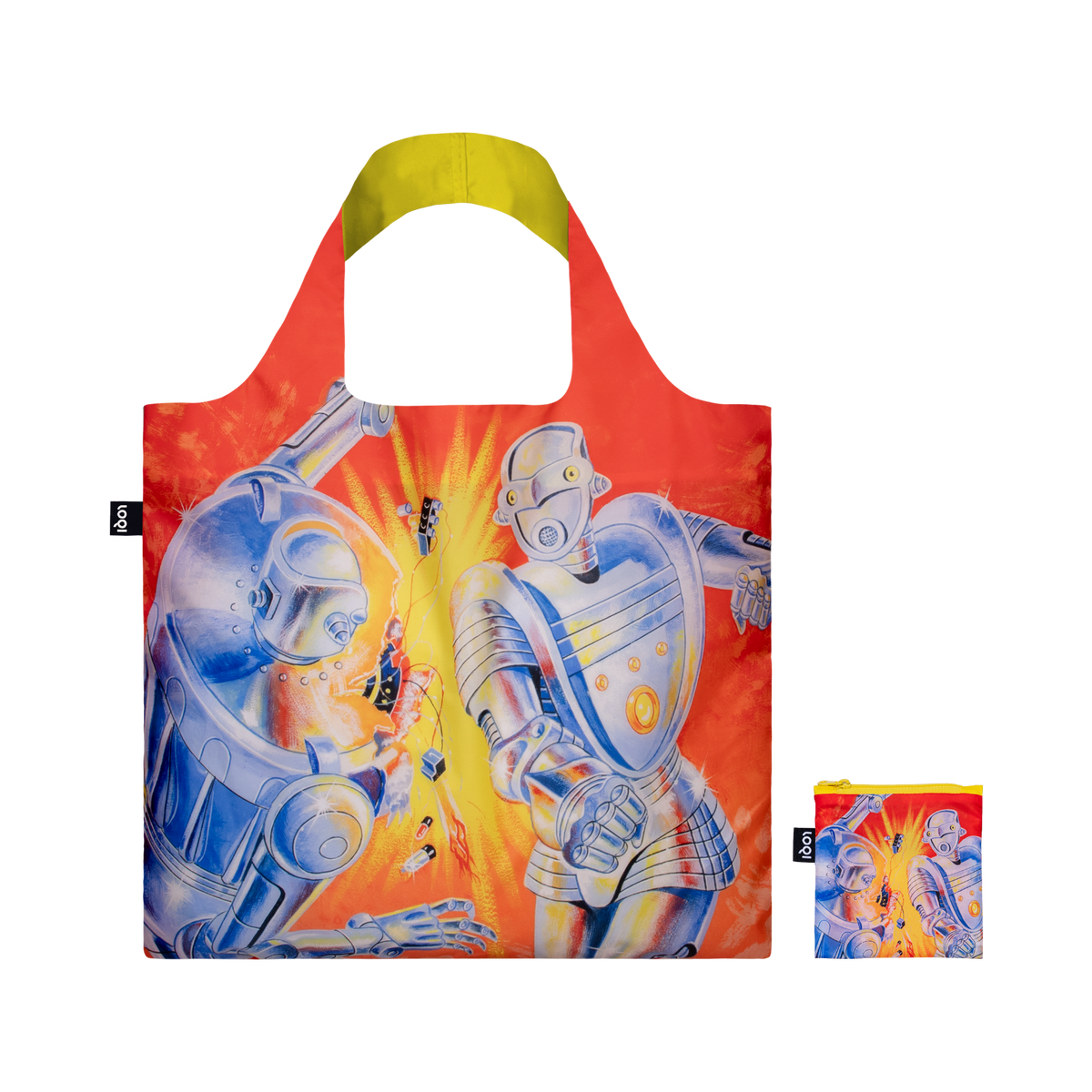 Recycled LOQI tote bag featuring D. Bruce Berry, Robots Fighting. Made from water-resistant 100% recycled taffeta. Measures 50 × 42 cm with a zip pocket and carries up to 20 kg.
