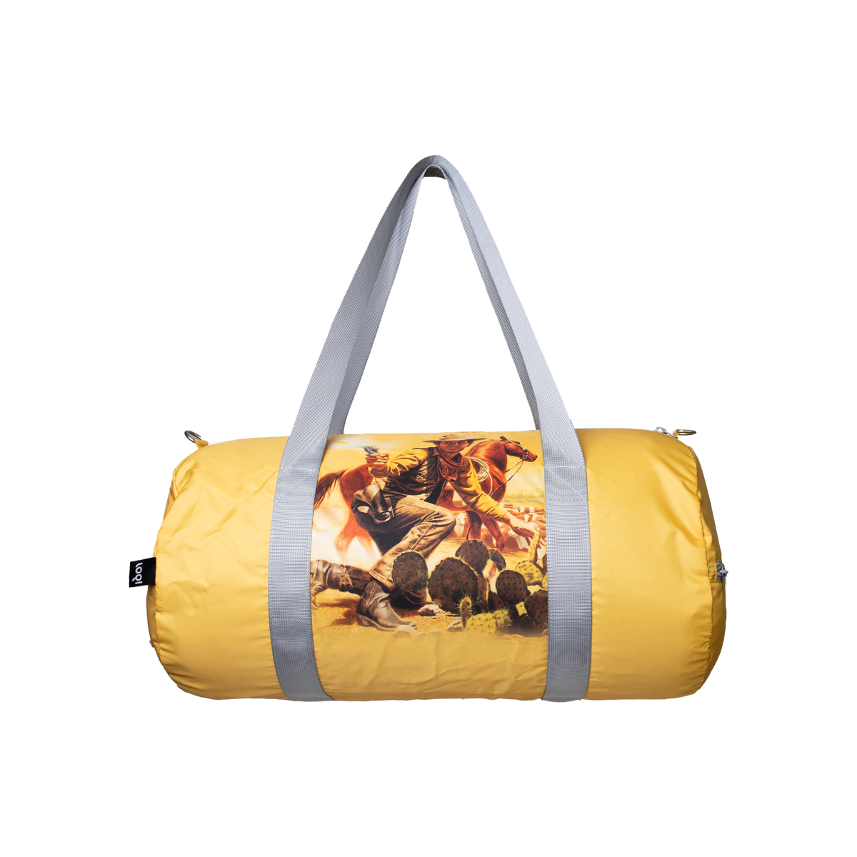 Recycled LOQI weekender bag featuring Mort Künstler, Nevada. Made from water-resistant 100% recycled taffeta. Measures 25 × 50 × 25 cm with carry handles, an outside zip pocket and an adjustable removable shoulder strap.