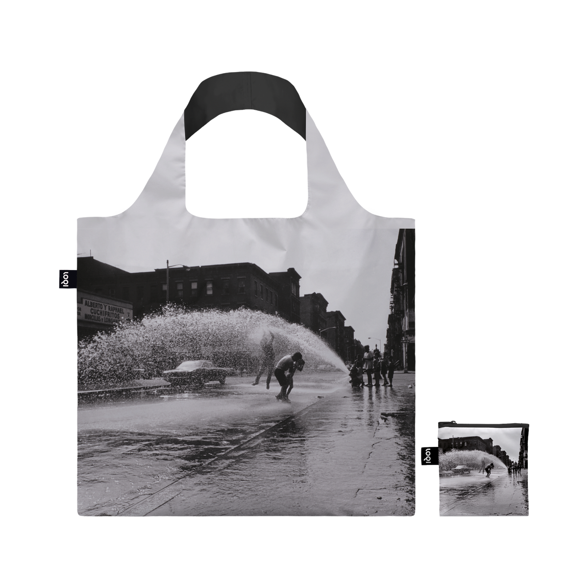 Recycled LOQI tote bag featuring Hiram Maristany, Hydrant in the Air. Made from water-resistant 100% recycled taffeta. Measures 50 × 42 cm with a zip pocket.