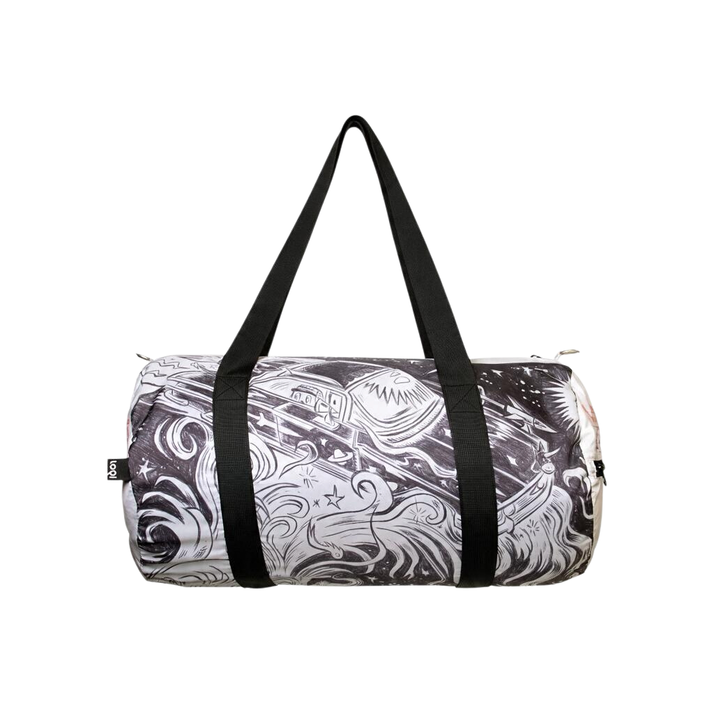 Recycled LOQI weekender bag featuring Raúl the Third (Raúl González), Lowriders in Space. Made from water-resistant 100% recycled taffeta. Measures 25 × 50 × 25 cm with carry handles, an outside zip pocket and an adjustable removable shoulder strap.