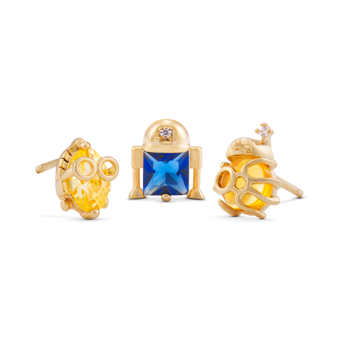Three-piece gold-tone droid stud earring set featuring character-inspired designs with yellow and blue crystal accents, including a central droid motif and coordinating companion studs, shown on a plain background.