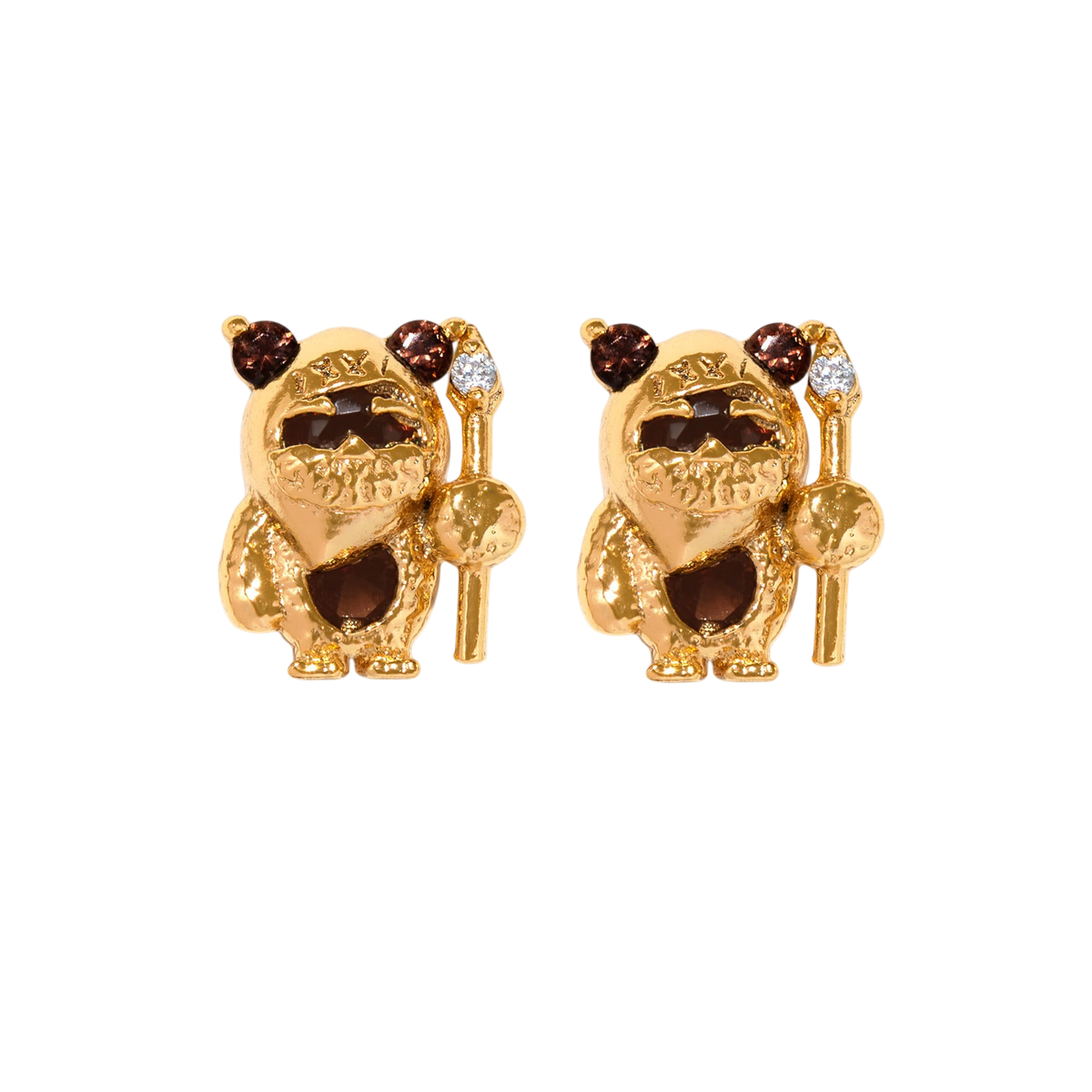 Gold-tone Ewok stud earrings featuring sculpted character designs with brown crystal accents and staff details, shown on a plain background.