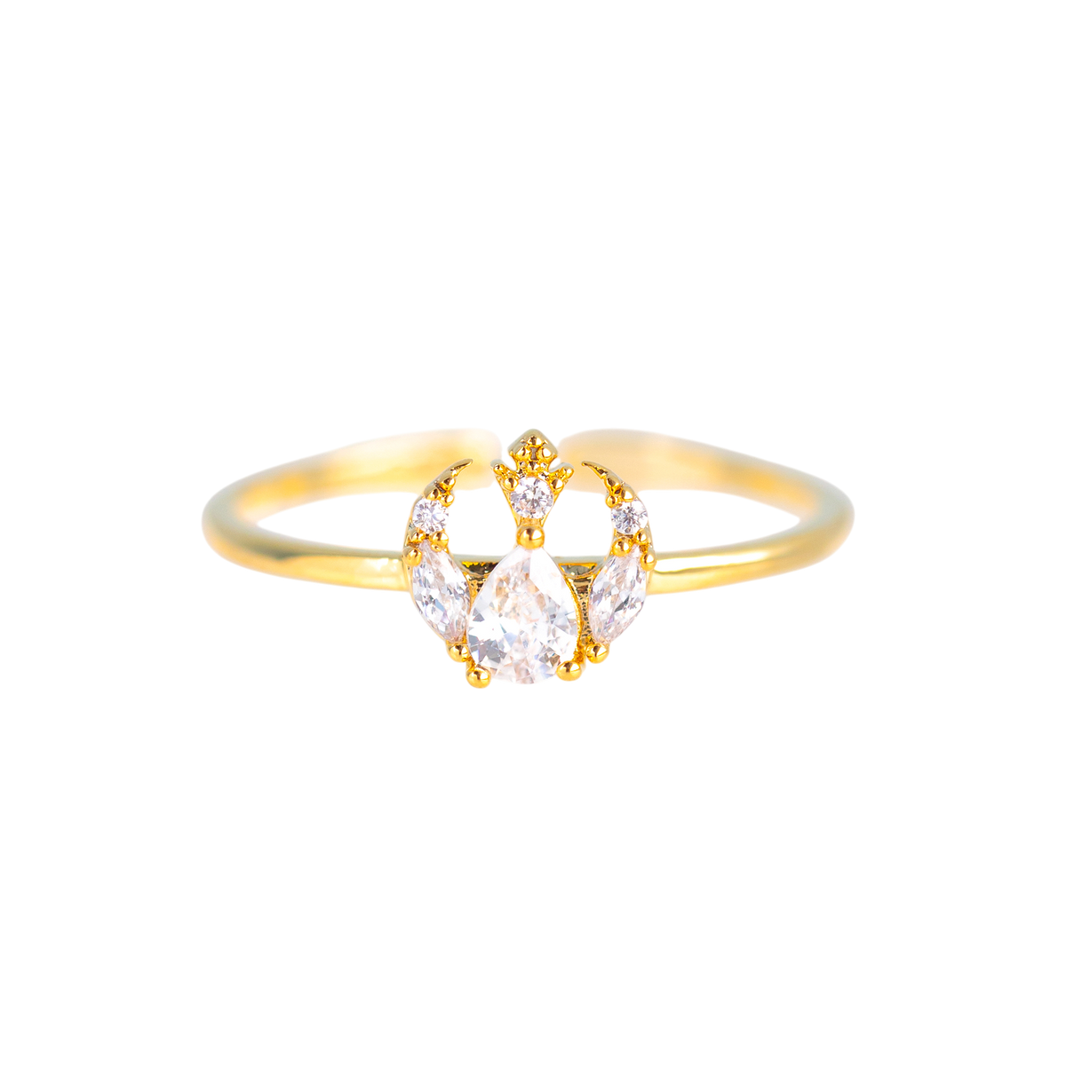 Gold-tone Rebel Alliance insignia ring featuring a crystal-accented emblem with a pear-shaped center stone and marquise-cut clear crystals, shown on a plain background.