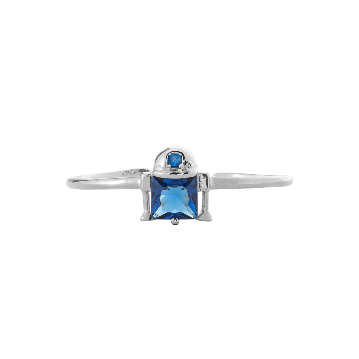 Silver-tone R2-D2 ring featuring a stylized droid-inspired design with a blue crystal centerpiece and blue accent stone, shown on a plain background.