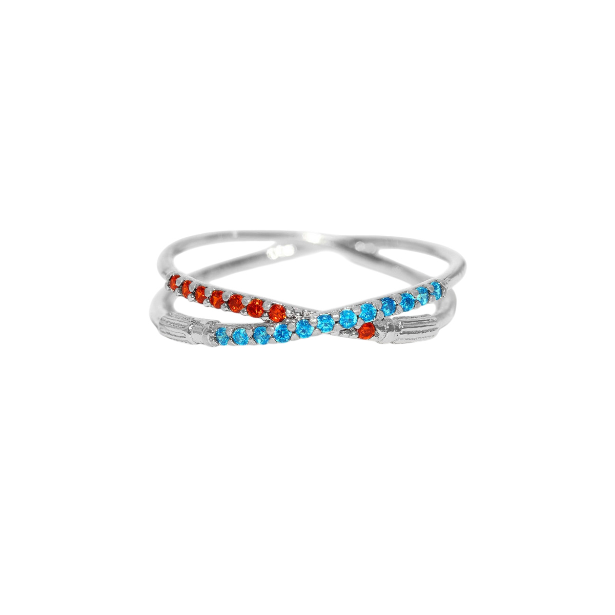 Silver-tone crossover ring featuring two lightsaber-inspired bands accented with alternating blue and red crystals, shown on a plain background.