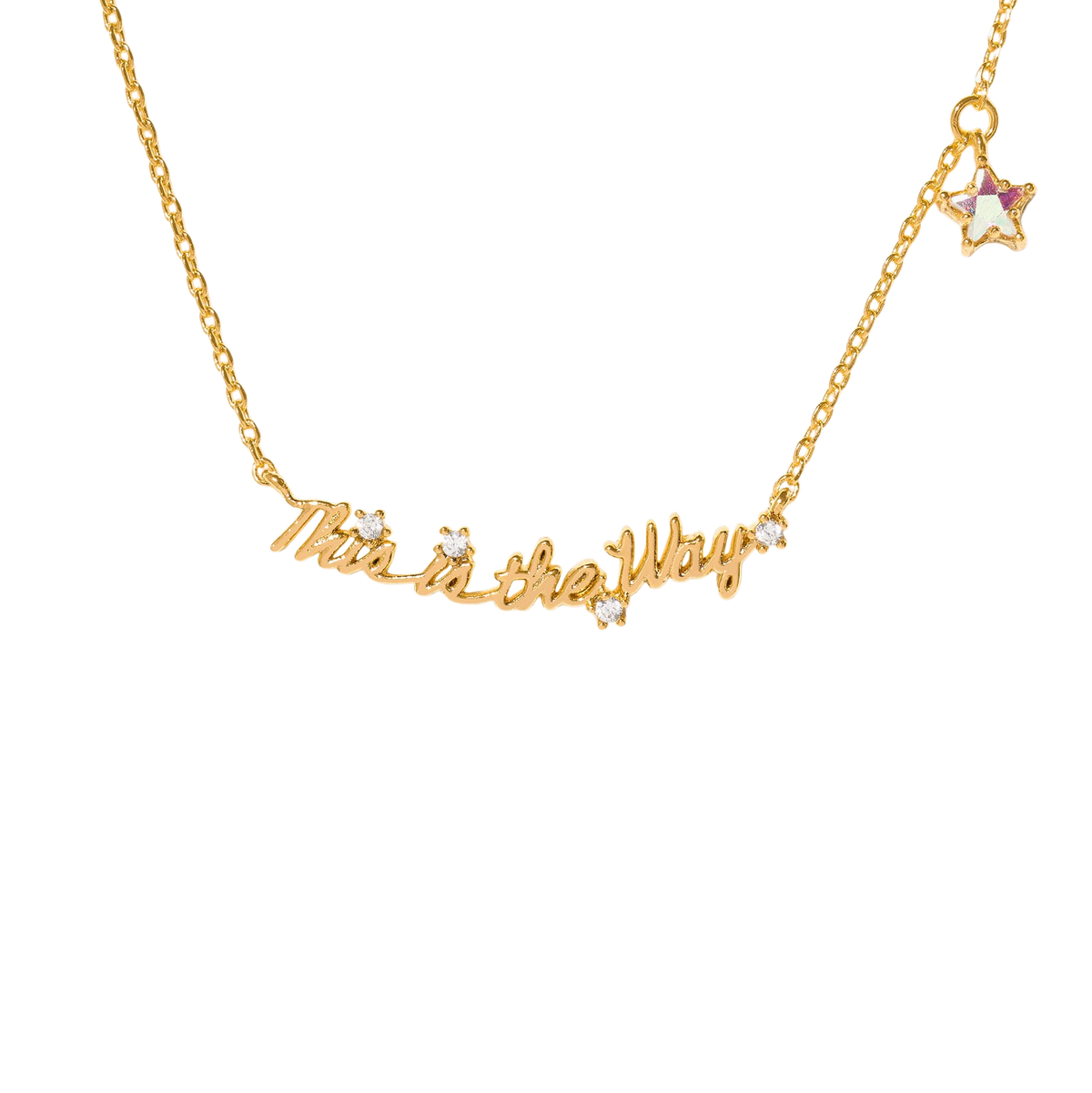Gold-tone necklace featuring the phrase “This Is the Way” in script lettering, accented with clear crystals and a dangling iridescent star charm, shown on a plain background.