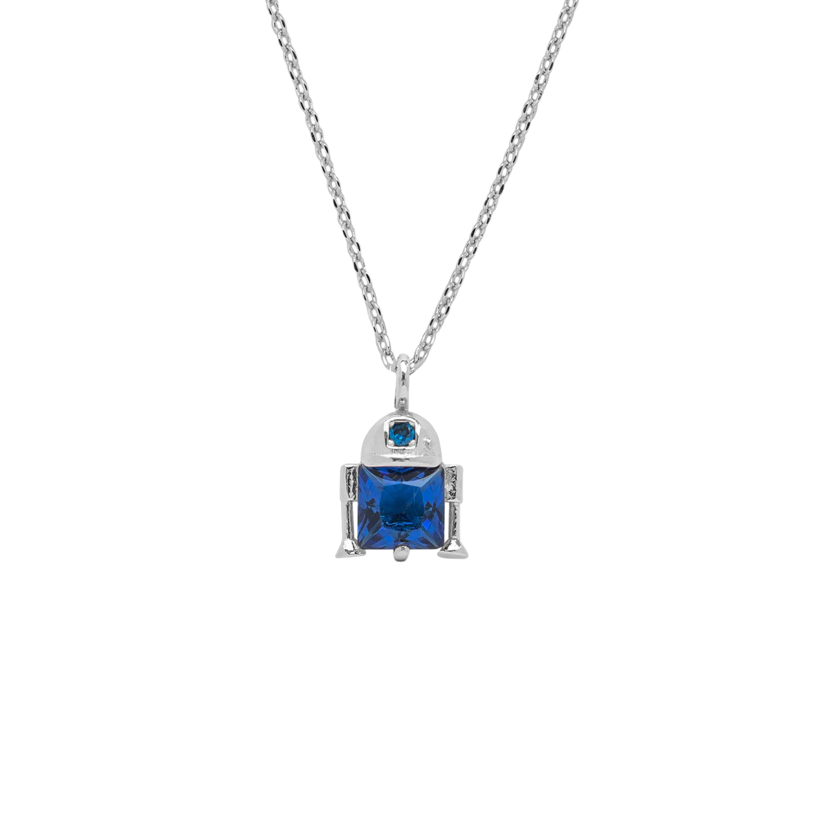 Silver-tone R2-D2 necklace featuring a stylized droid-shaped pendant accented with blue crystals and clear pavé details, suspended from a delicate chain and shown on a plain background.
