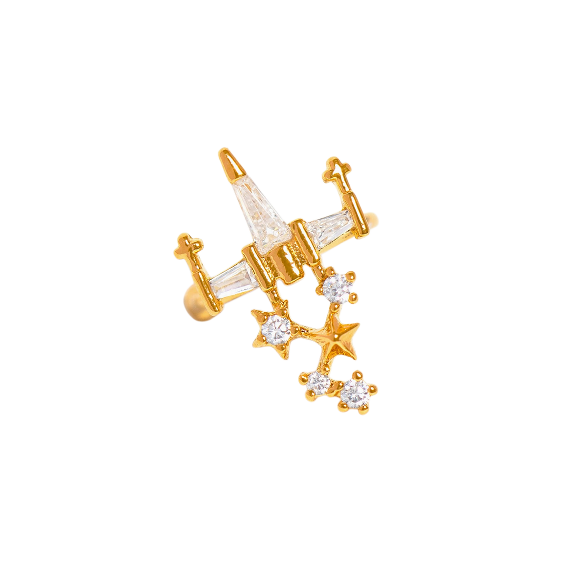 Gold-tone X-wing ear cuff inspired by the iconic Star Wars starfighter, embellished with clear crystals and suspended celestial charms, shown on a plain background.