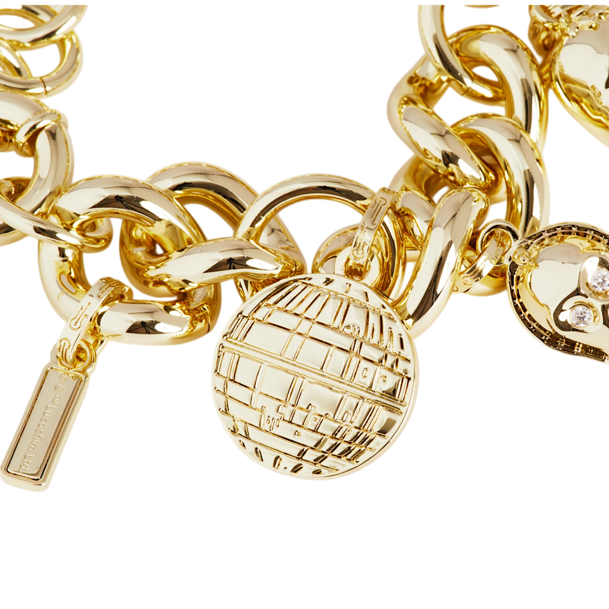 Gold-plated brass, chunky curb-link chain with six sculpted charms: Fertility Idol, engraved stone tablet, R2-D2, Howard the Duck, C-3PO, and Death Star.