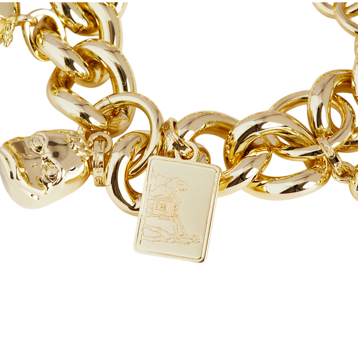 Gold-plated brass, chunky curb-link chain with six sculpted charms: Fertility Idol, engraved stone tablet, R2-D2, Howard the Duck, C-3PO, and Death Star.