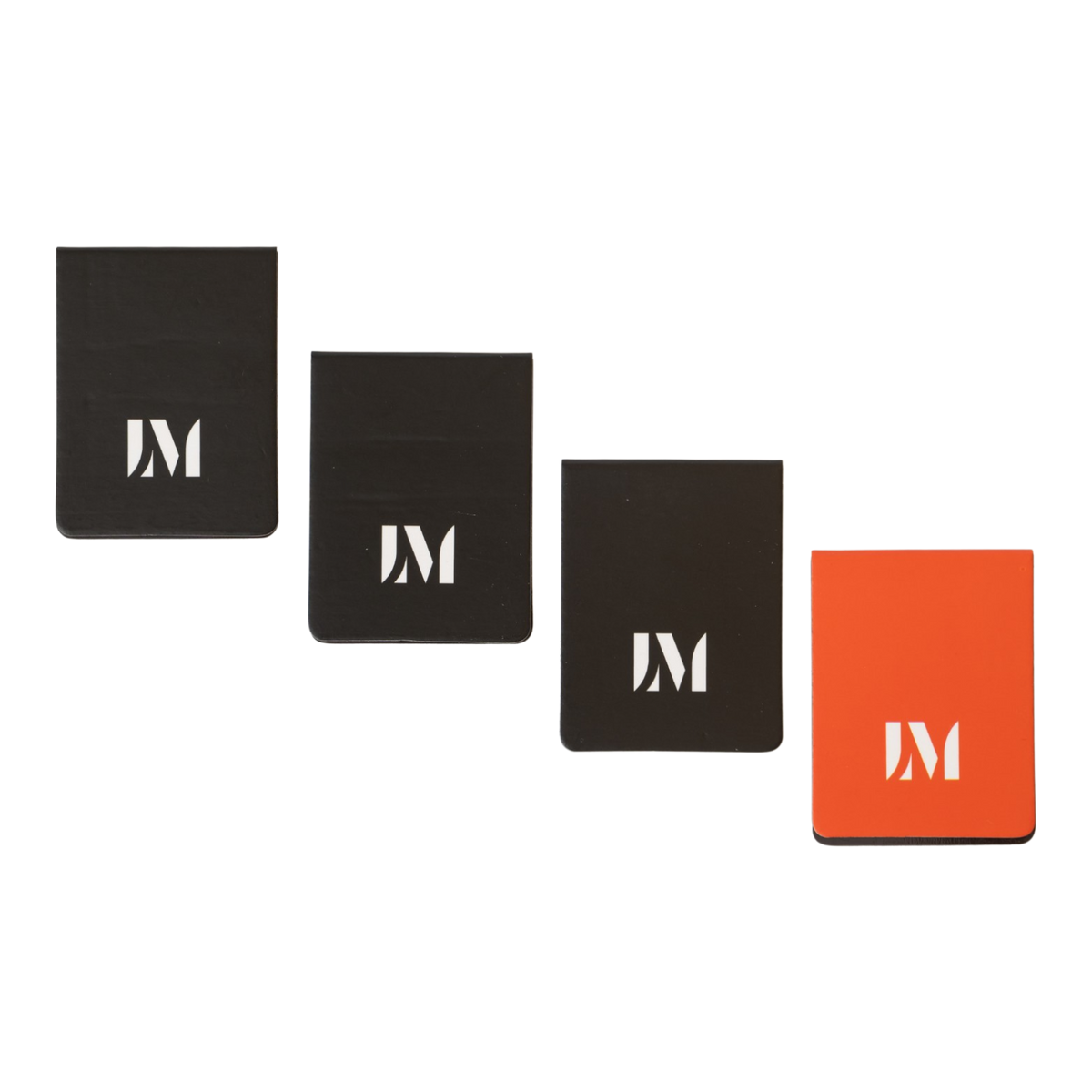 Four rectangular page markers shown on a white background, featuring white text on the front and the Lucas Museum of Narrative Art logo on the reverse. Three markers are black, and one is orange.