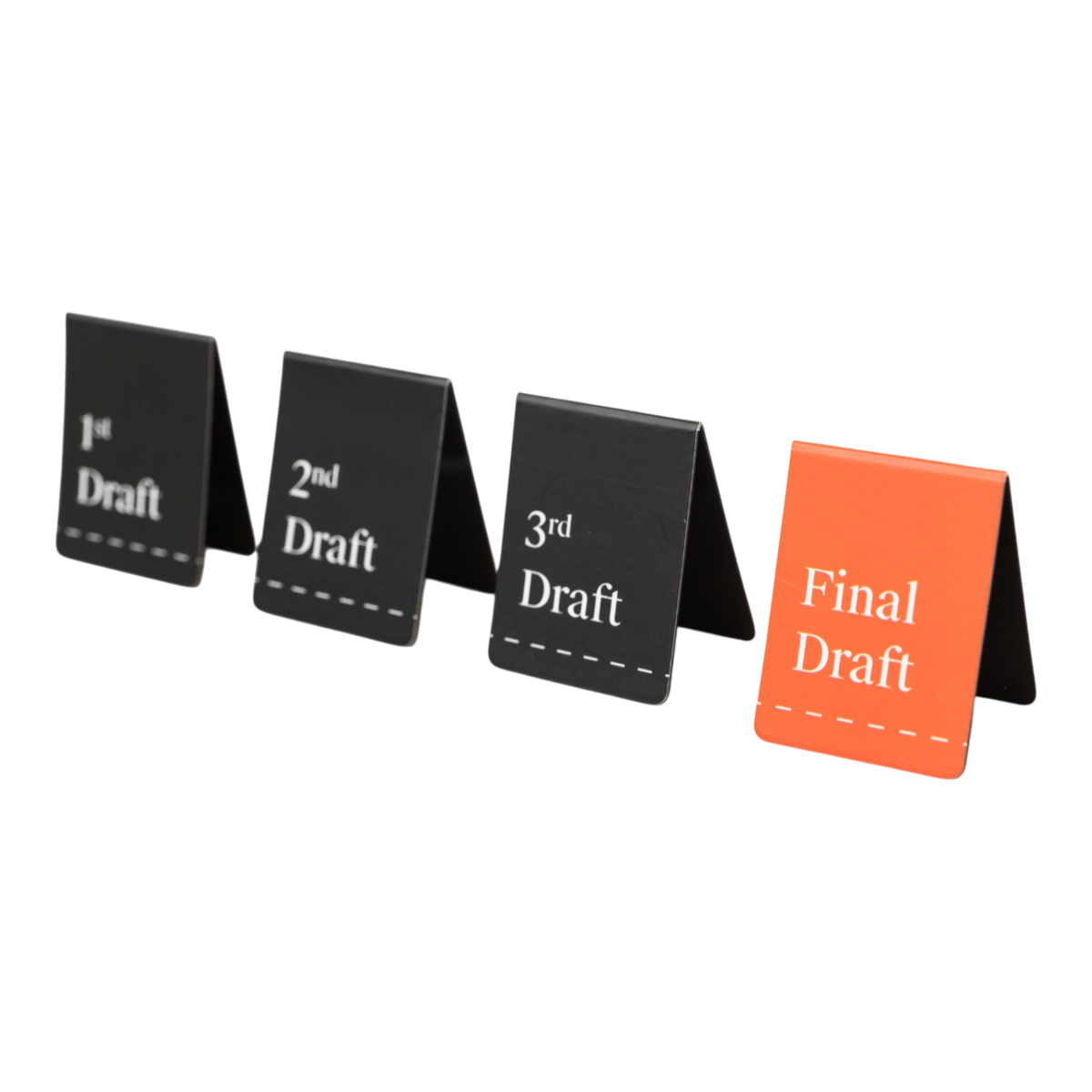 Four rectangular page markers on a white background, labeled 1st Draft, 2nd Draft, 3rd Draft, and Final Draft. Three cards are black with white text, and one card is orange with white text.