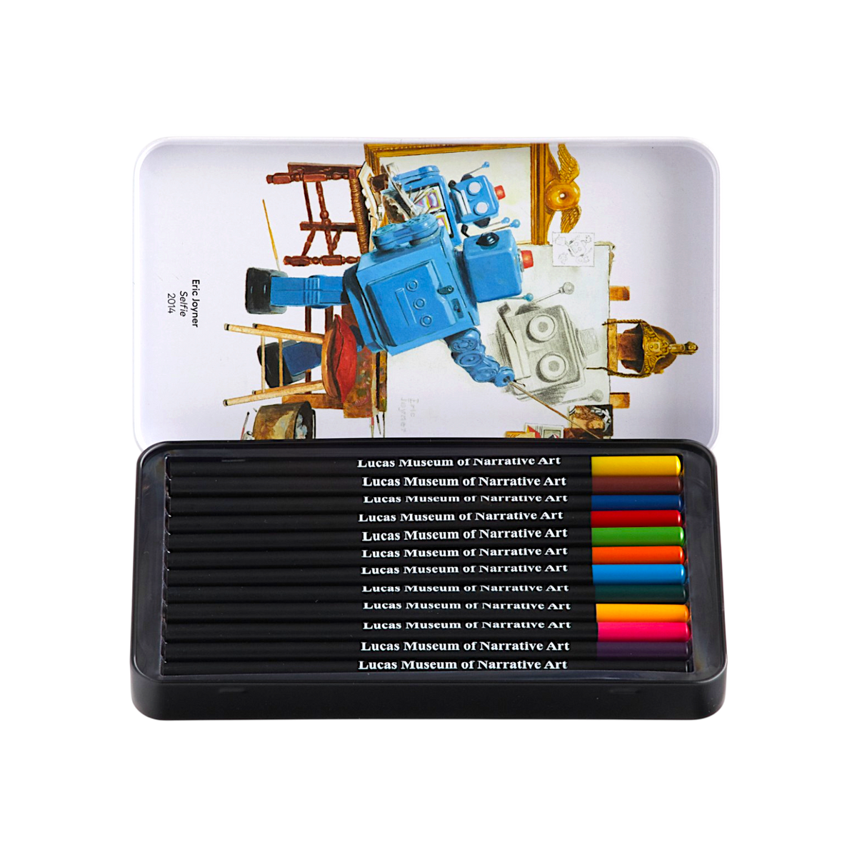 A set of 12 colored pencils in a black metal tin, displayed in front of their illustrated white tin lid on a clean white background. The pencils feature vibrant colors including blue, yellow, green, red, and pink, and the brand 'Lucas Museum of Narrative Art' is clearly printed on the barrel of each pencil.