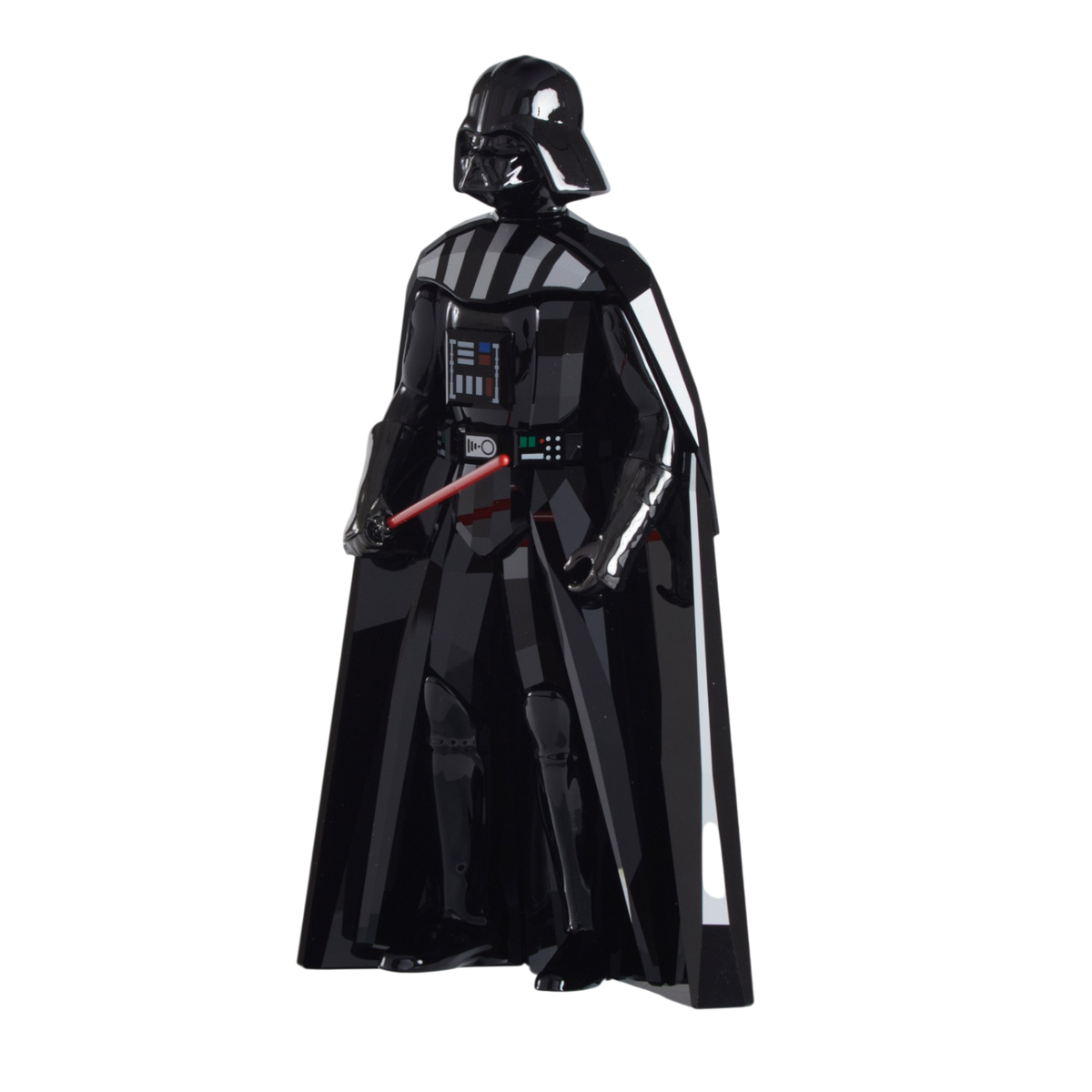 A glossy black Darth Vader collectible figure holding a red lightsaber, isolated on a solid white background.