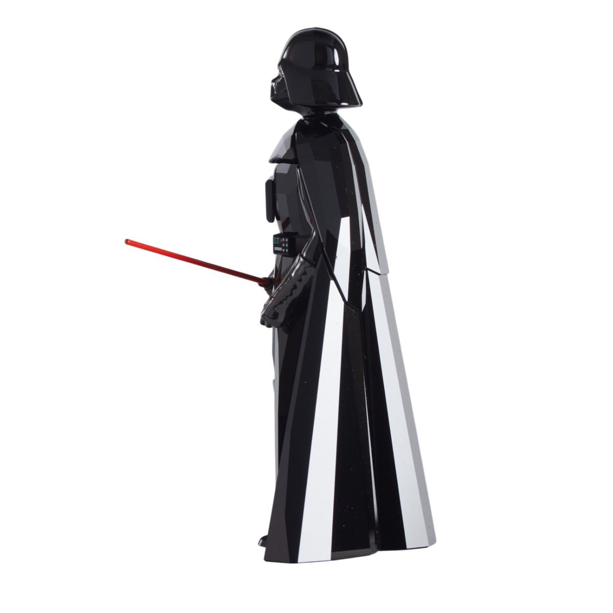 A glossy black Darth Vader collectible figure holding a red lightsaber, isolated on a solid white background.