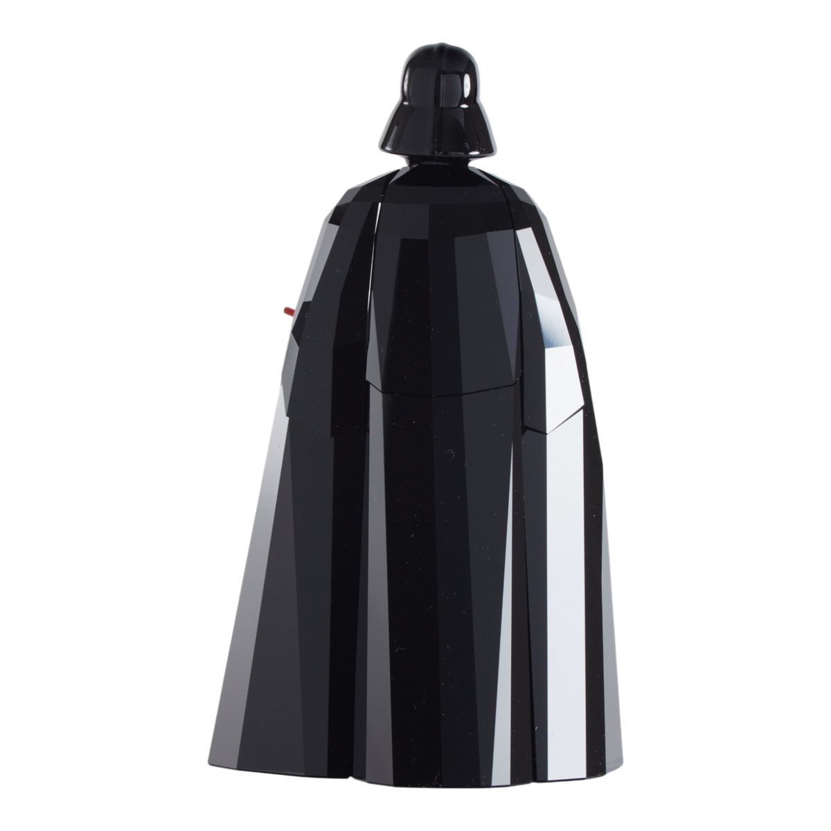 A glossy black Darth Vader collectible figure holding a red lightsaber, isolated on a solid white background.