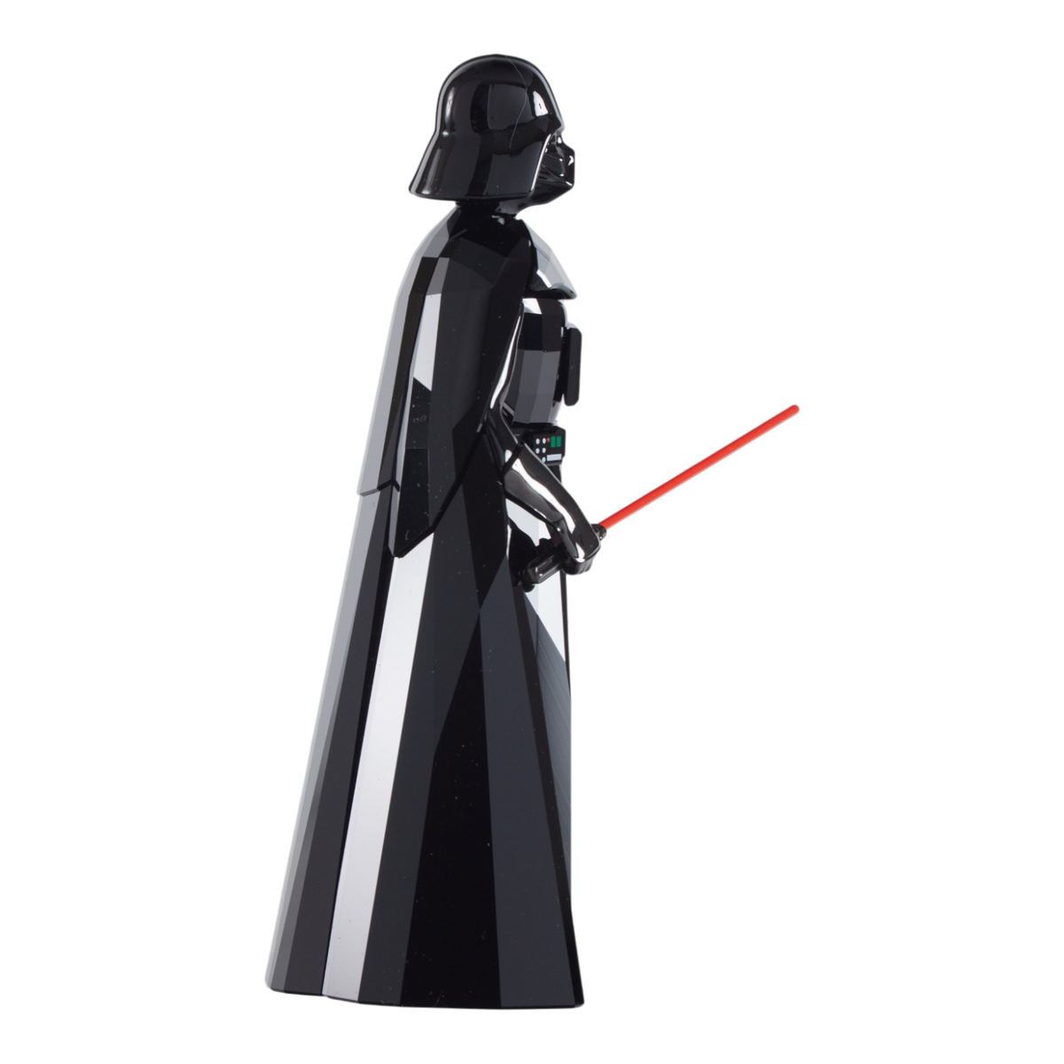A glossy black Darth Vader collectible figure holding a red lightsaber, isolated on a solid white background.