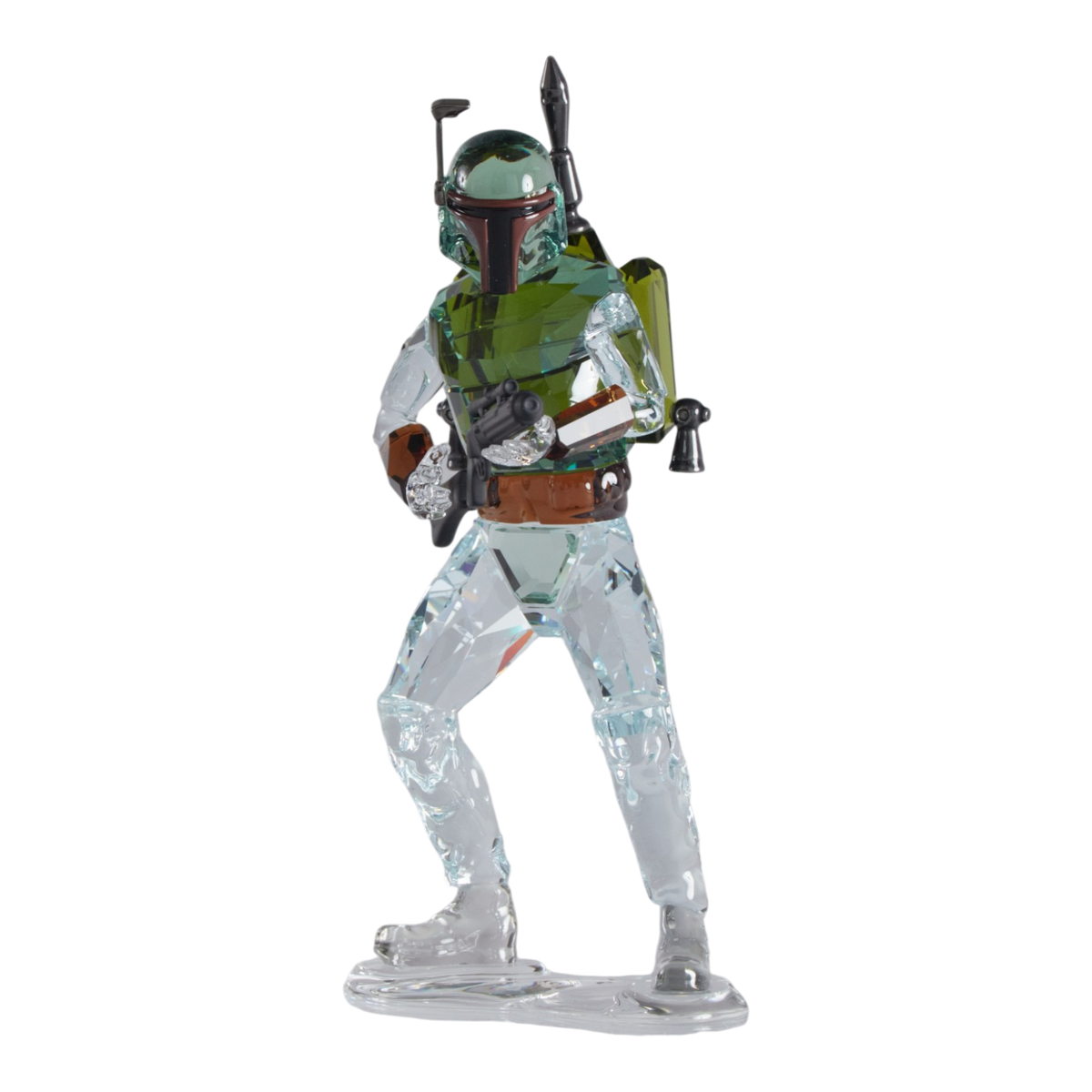 A clear faceted Swarovski crystal figurine of Boba Fett, holding a blaster, standing on a transparent base against a plain white background.