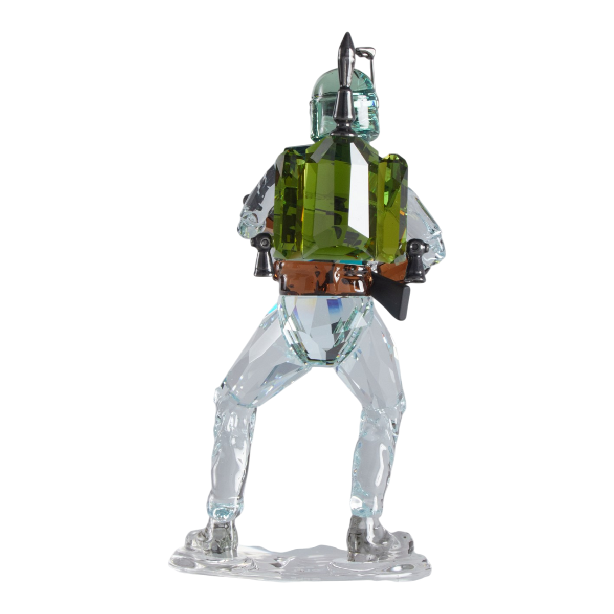A clear faceted Swarovski crystal figurine of Boba Fett, holding a blaster, standing on a transparent base against a plain white background.