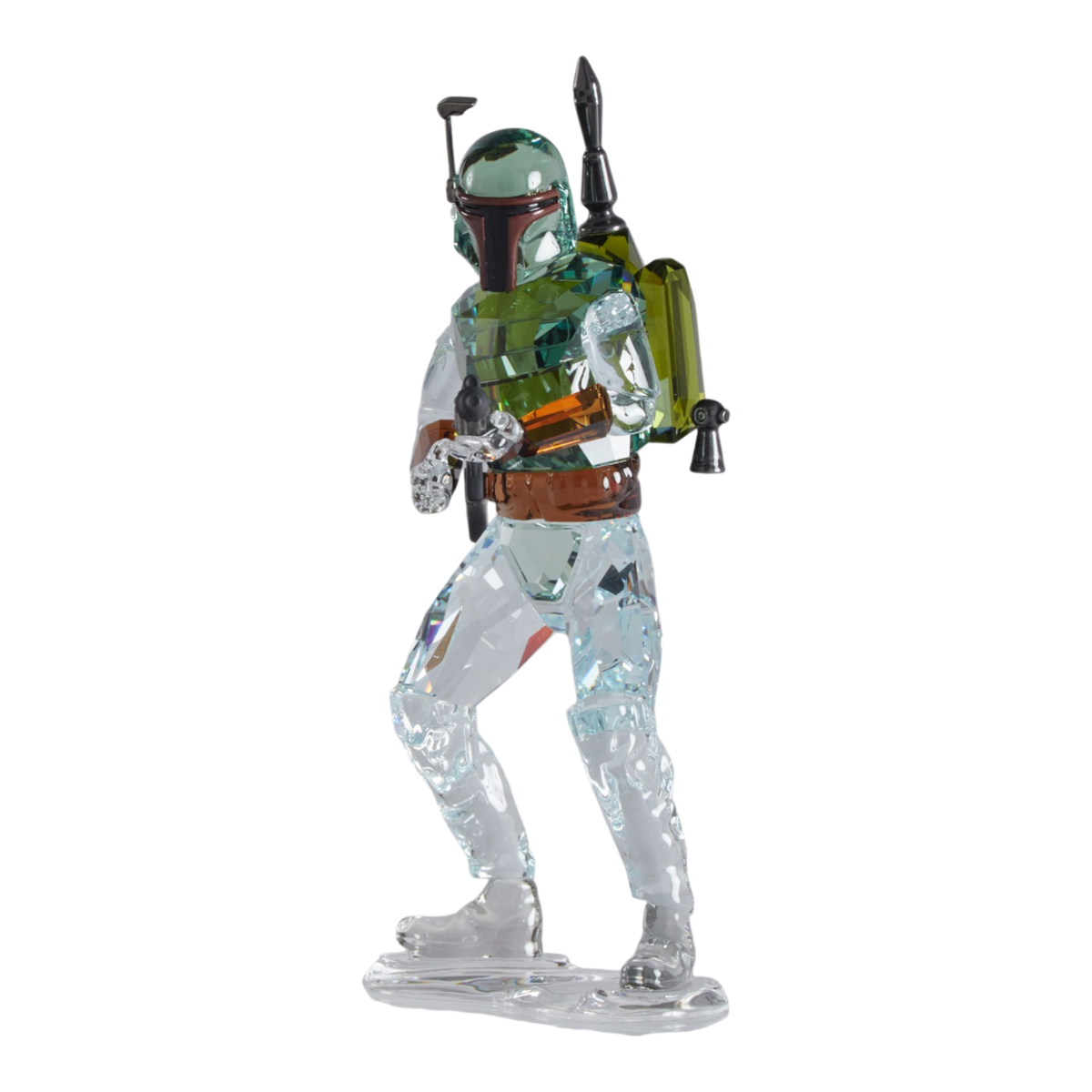 A clear faceted Swarovski crystal figurine of Boba Fett, holding a blaster, standing on a transparent base against a plain white background.