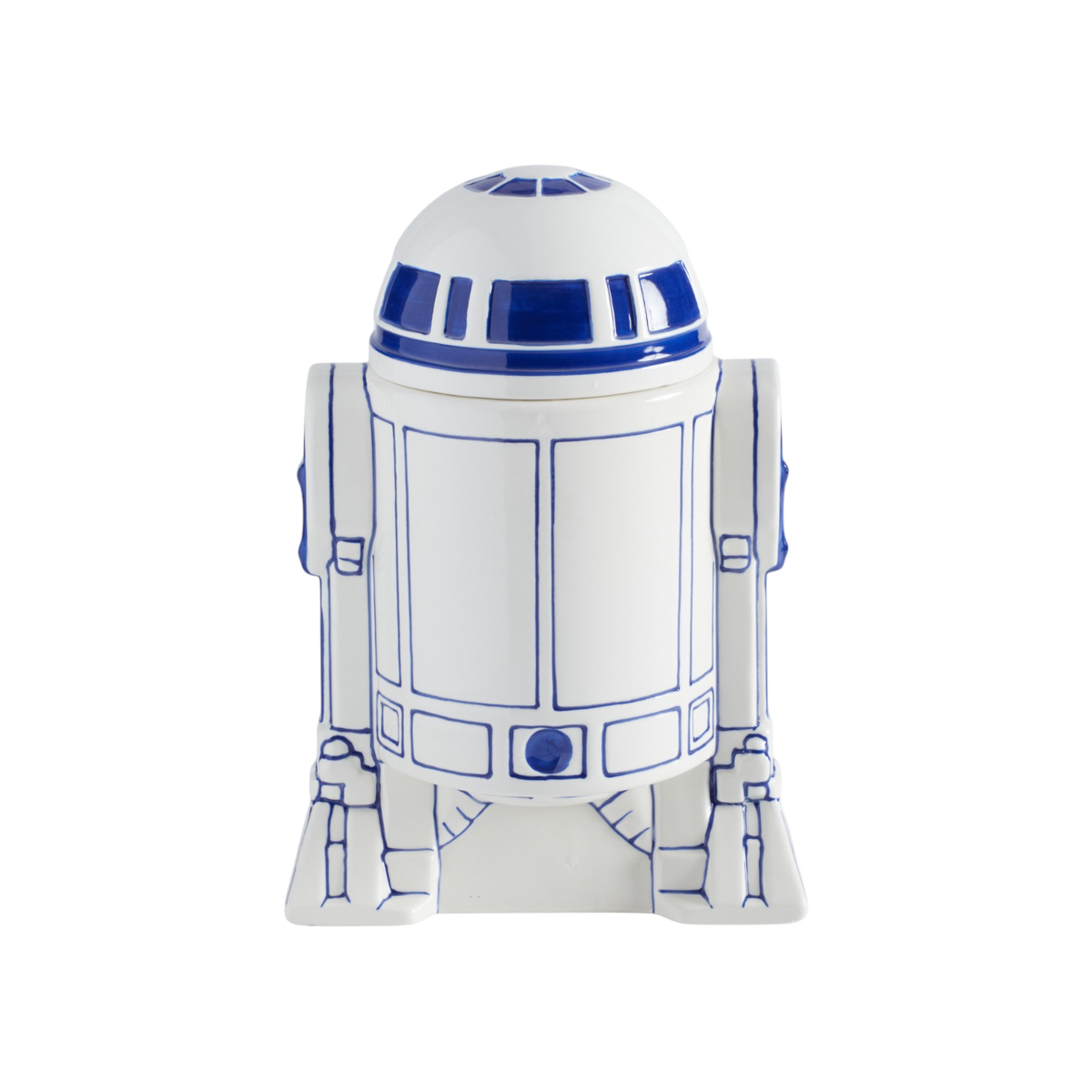 A ceramic R2-D2 droid cookie jar, featuring a glossy white glaze with blue line-art details, isolated on a white background.