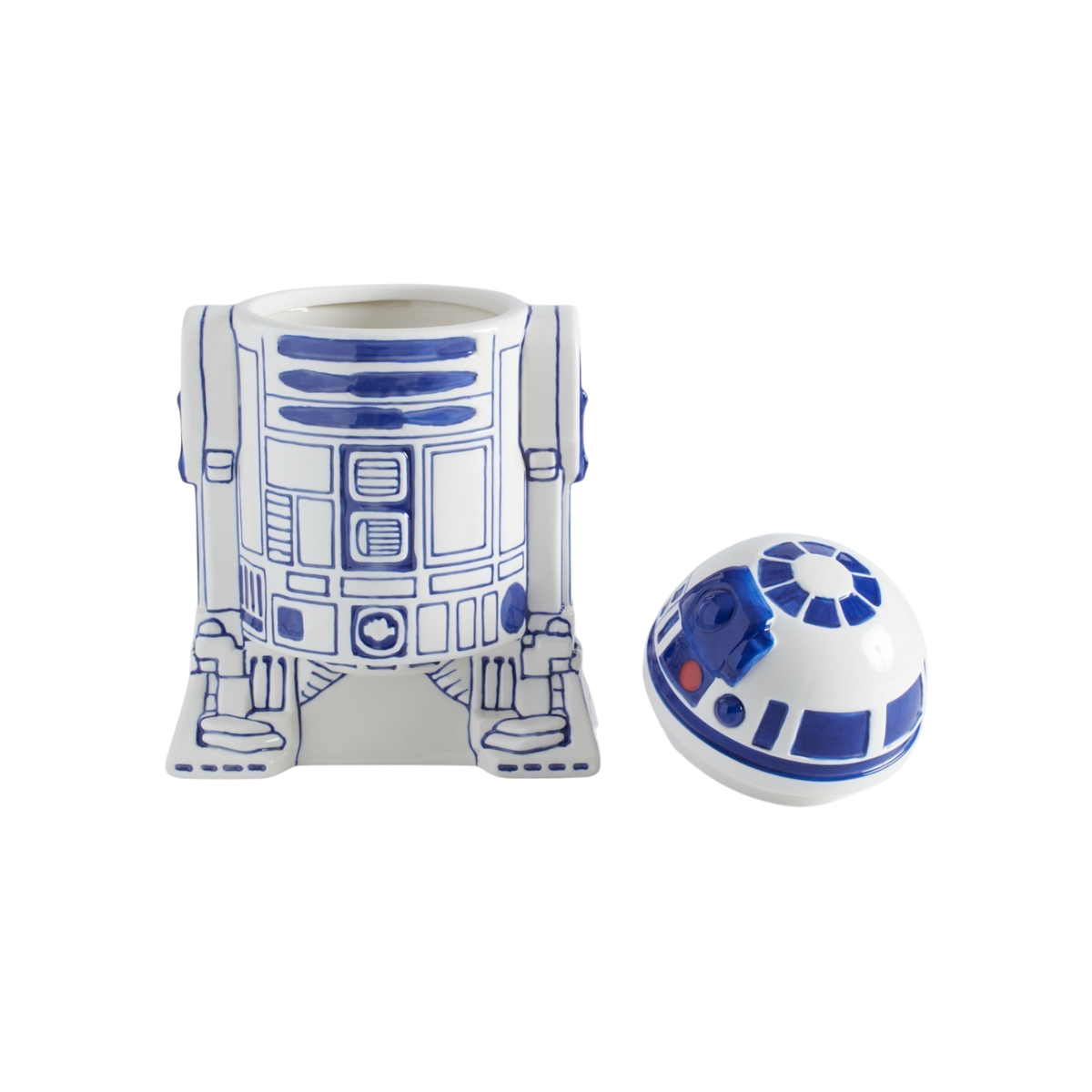 A ceramic R2-D2 ceramic cookie jar, shown with its matching spherical lid placed beside it on a clean white background.
