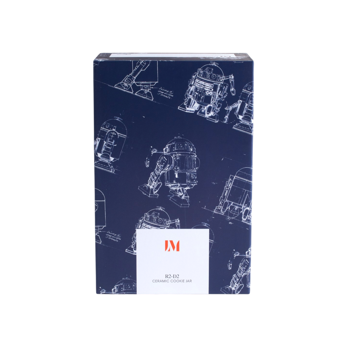 A dark navy blue ceramic cookie jar box featuring white blueprint-style drawings of droids and a white label at the bottom with an orange 'Lucas Museum of Narrative Art" logo inside of it above text that reads, 'R2-O2 CERAMIC GLAZE JAR'.