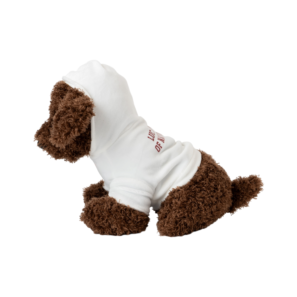 Brown plush dog toy wearing a white pet hoodie with red “Lucas Museum of Narrative Art” text, shown against a white background.