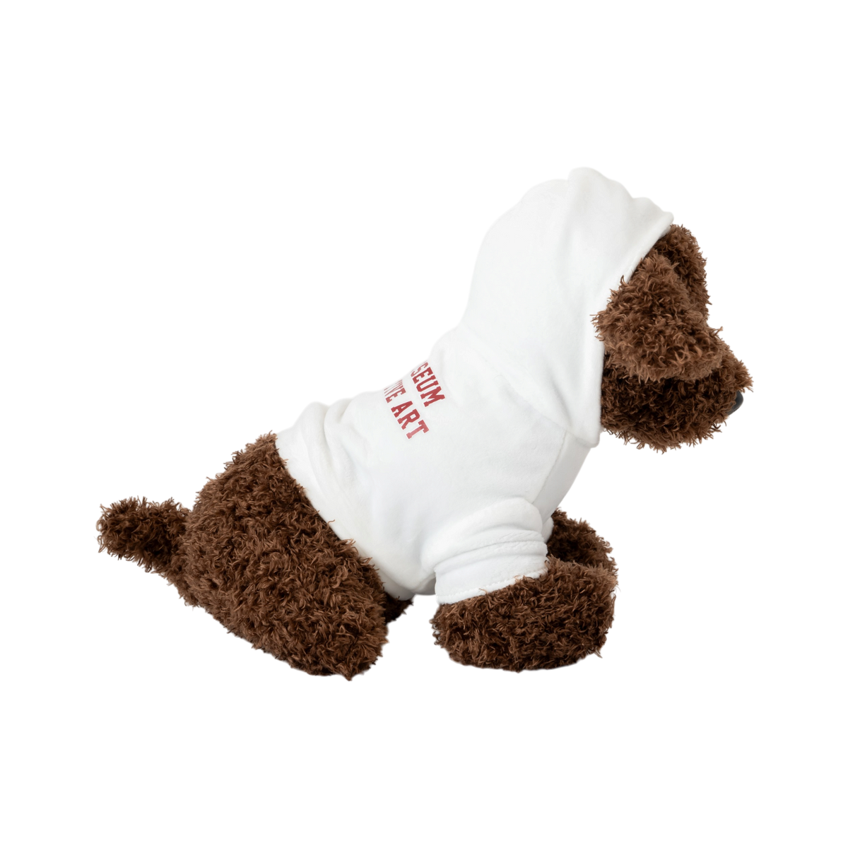 Brown plush dog toy wearing a white pet hoodie with red “Lucas Museum of Narrative Art” text, shown against a white background.