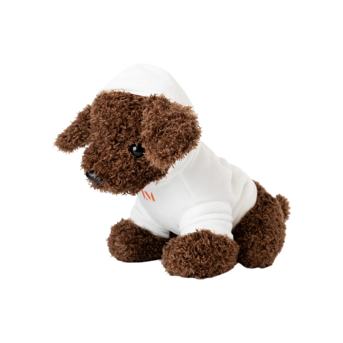 Brown plush dog toy wearing a white pet hoodie with red “Lucas Museum of Narrative Art” text, shown against a white background.