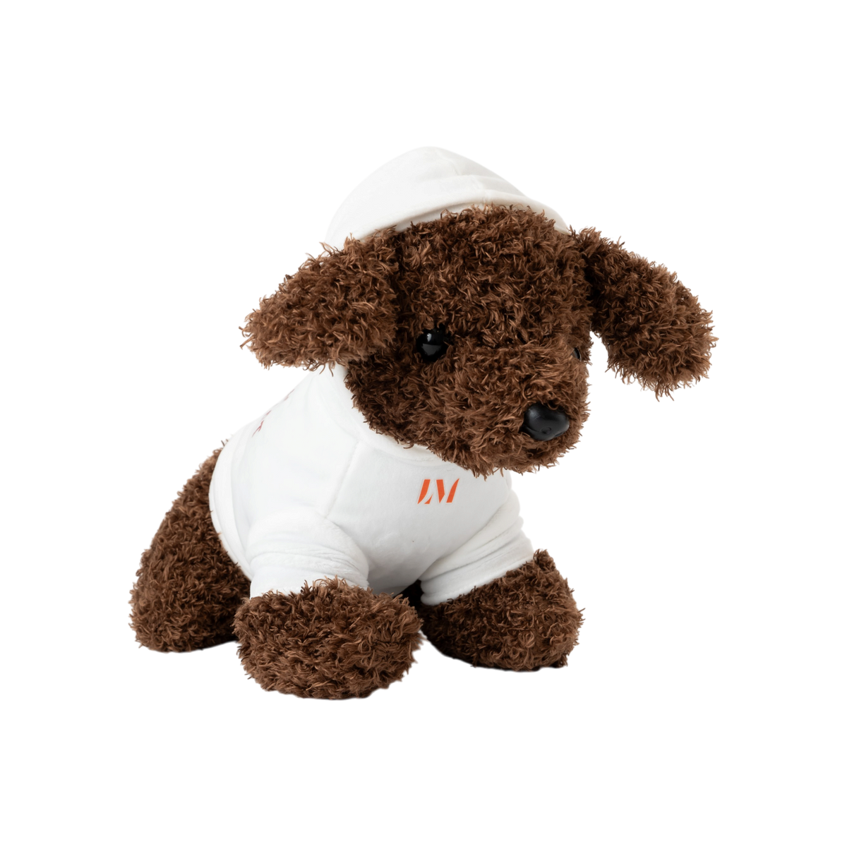 Brown plush dog toy wearing a white pet hoodie with red “Lucas Museum of Narrative Art” text, shown against a white background.