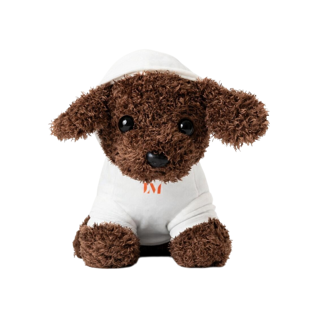 Brown plush dog toy wearing a white pet hoodie with red “Lucas Museum of Narrative Art” text, shown against a white background.